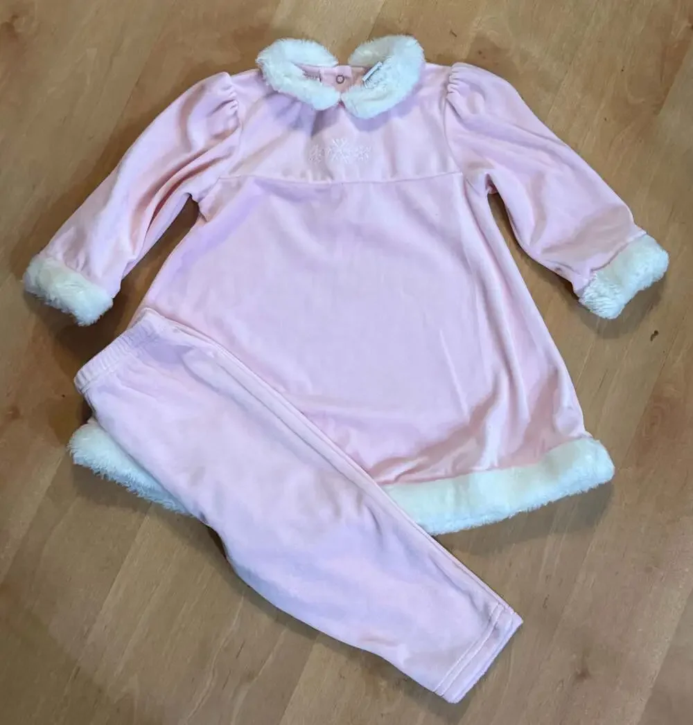 Little Parisian Baby Girls Pink Velour Dress and Pants Set with Faux Fur Trim